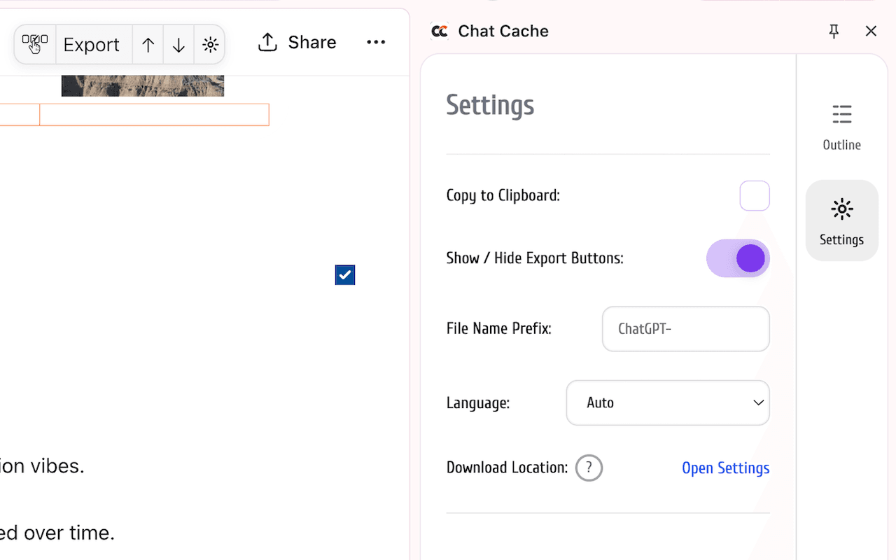 ChatCache settings side panel showing clipboard mode, export buttons, filename prefix, language, and download location