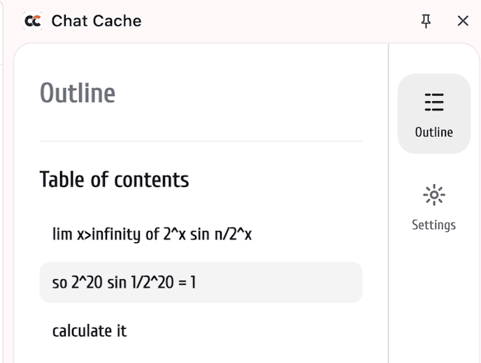 ChatCache outline side panel listing prompts as a table of contents