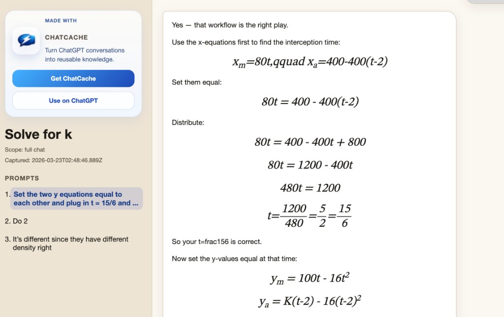 ChatCache recall view: saved ChatGPT conversation with prompts list and rendered answer, including math.